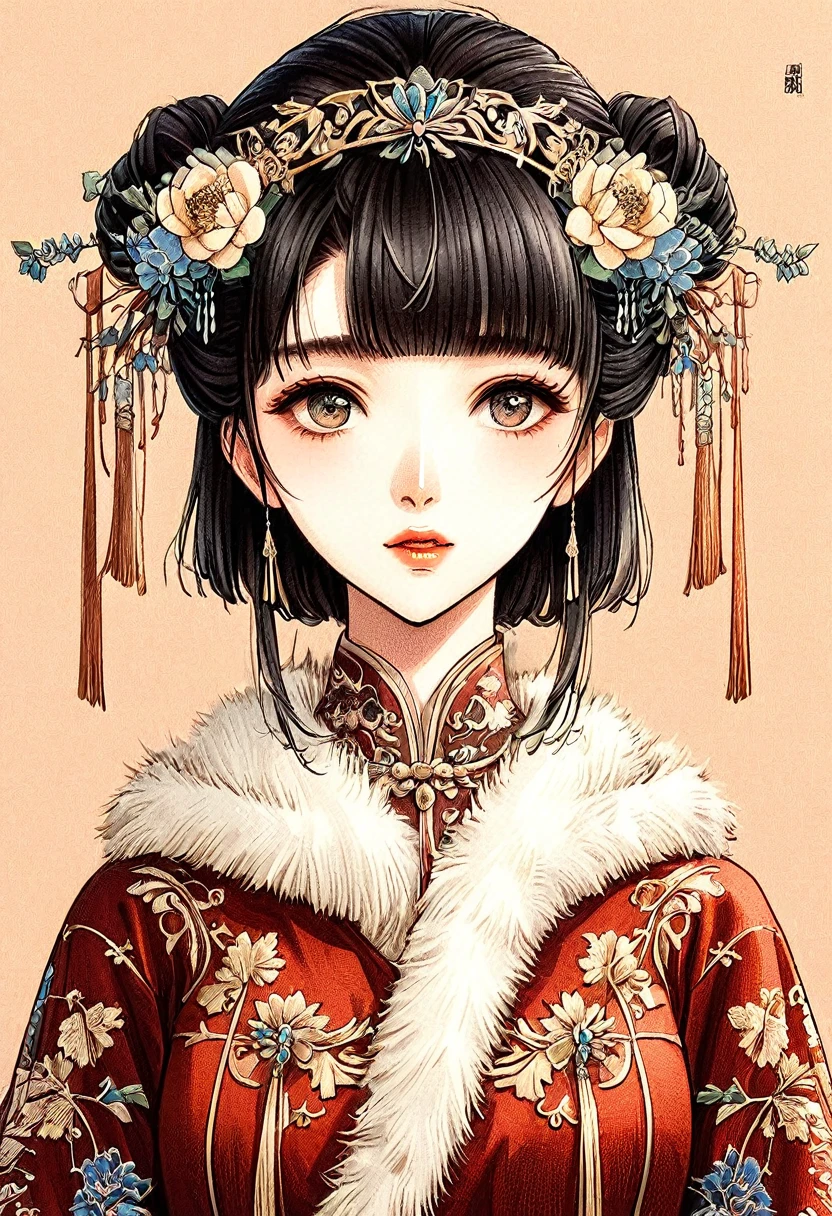 時代劇漫画風 黒髪お団子カットの中国の15歳の超絶美少女お嬢様 彼女は豪華なベッドに寝かされ両腕を広げて触手で縛られ拘束されて長袖チャイナ服を羽織り乳首を見られる 彼女は病気で非常に苦しんでいる
