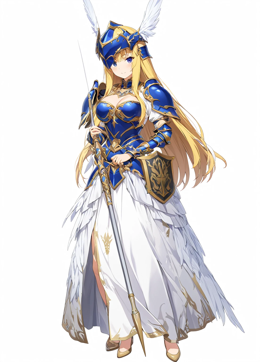 high quality, high resolution, high qualityのゲームアートスタイル, whole body,Valkyrie,perfect hand,Official Art, Smooth game CG art, Visual Novel Sprites, White background,Smooth game CG art, (((Woman with a long spear))),A woman wearing a white dress and blue armor, An intricately designed helmet with white feathers,Small shield, (((In his right hand he holds an elaborate long spear))),Exquisite Blue Armor,Golden Hair, long hair, female knight, Rin々Shii,Large Bust,20-year-old,