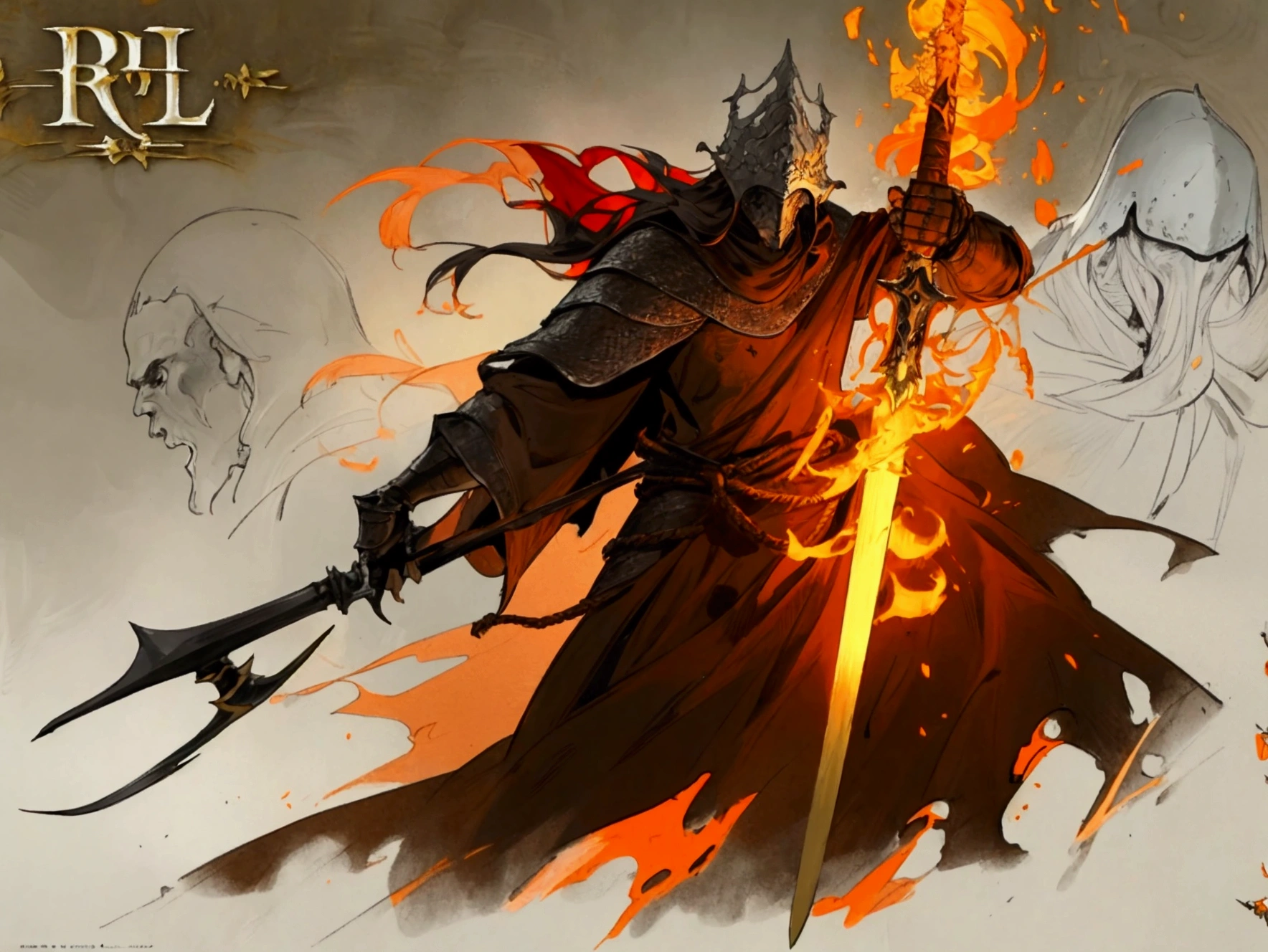 elden ring, dark souls, concept art sheet, items, weapons: A strong king wielding fire with a helmet of his own face.