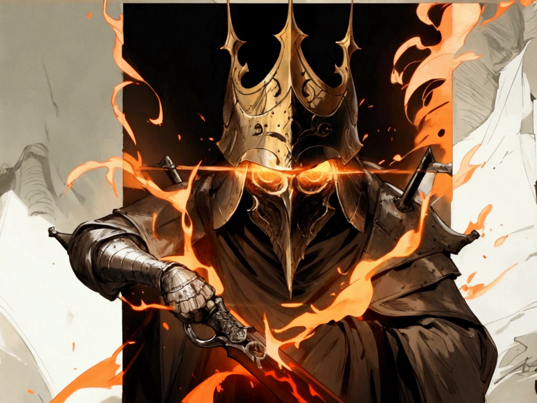 elden ring, dark souls, concept art sheet, items, weapons: A strong king wielding fire with a helmet of his own face.