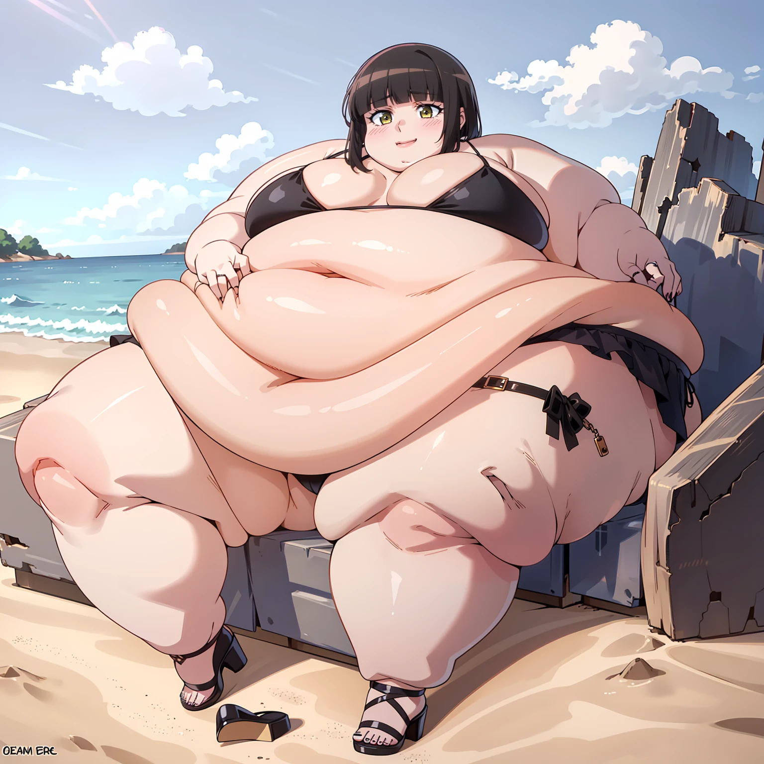 1 girl, , blushing, short black hair, black bikini, black heels, lying on the beach, SMILE, gorda, very fat, Morbid obesity, extreme obesity, obese, cara obese, very fat thighs, swollen fat legs, detailed perfect hands, big fat belly very swollen, obese weight, motionless fat woman, ssbbw, obese weight, still weight, chubby, ((blob)), extremidades very fats