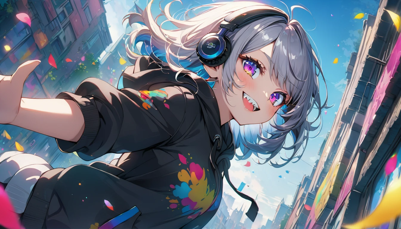 ((Masterpiece)), ((best quality)), (Anime:1.3), (super detail:1.2), (High Definition:1.3), (Professional Photography:1.3),cute young Girl, Glossy unruly hair, (loose swept bangs), (silver ash hair), medium hair, big eyes, (Eye bags:1.3), (Long eyelashes), colorful eyes, (evil smile and blush), Glossy lips, (jagged teeth), ((black hoodie with oversized)), barearms, cute, (Pocket in hands), (colorful:1.3), gothic makeup, (jumping:1.3), (at City), colorful petals dance around her, early morning, wearing headphones, (dutch angle:1.3), (from side),