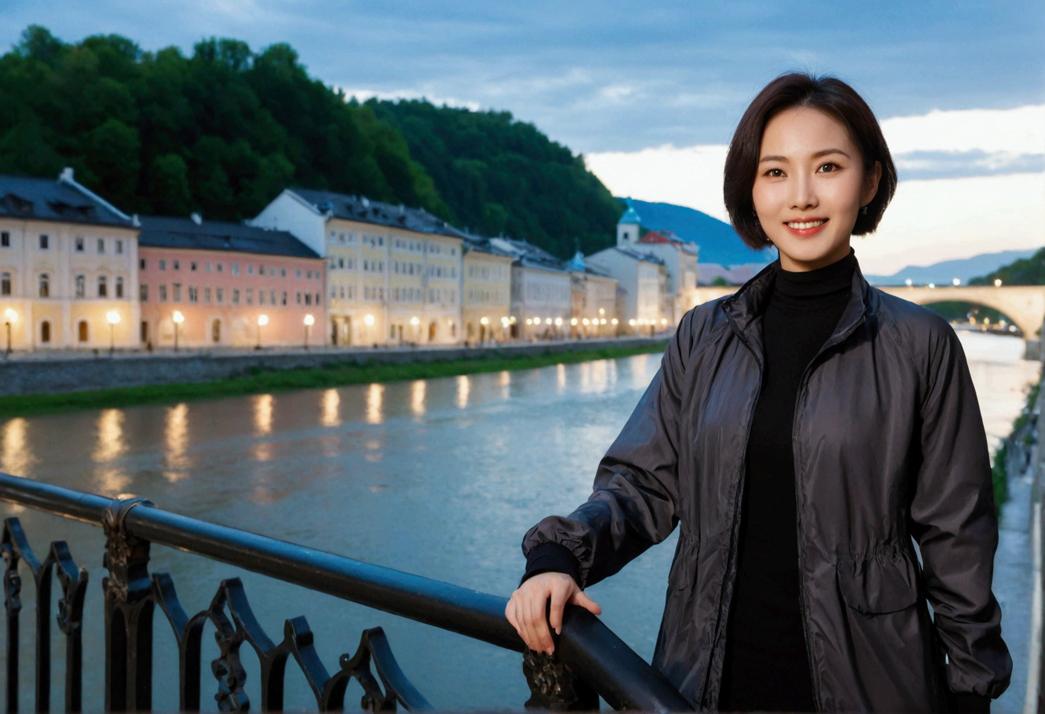 high quality, 1 woman, ((36-year-old healthy Korean woman)), ((36 years old)), 1 woman, eyes are big and beautiful. ((slim)), ((short medium hair)), Smile. pose: standing, windbreaker jacket, background:Your residence is a baroque townhouse with a plaster façade and wrought iron railings.. Overlooking the Salzach River and Hohensalzburg Fortress, night view, Street lamp, looking slightly up, 1 woman, Full body shot with Canon 16-34 wide angle lens, river view, looking up the side