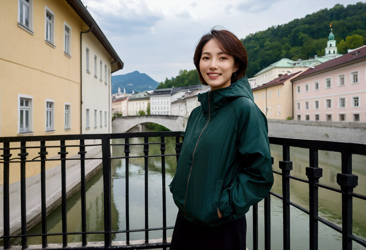 high quality, 1 woman, ((36-year-old healthy Korean woman)), ((36 years old)), 1 woman, eyes are big and beautiful. ((slim)), ((short medium hair)), Smile. pose: standing, windbreaker jacket, background:Your residence is a baroque townhouse with a plaster façade and wrought iron railings.. Overlooking the Salzach River and Hohensalzburg Fortress, night view, Street lamp, looking slightly up, 1 woman, Full body shot with Canon 16-34 wide angle lens, river view, looking up the side