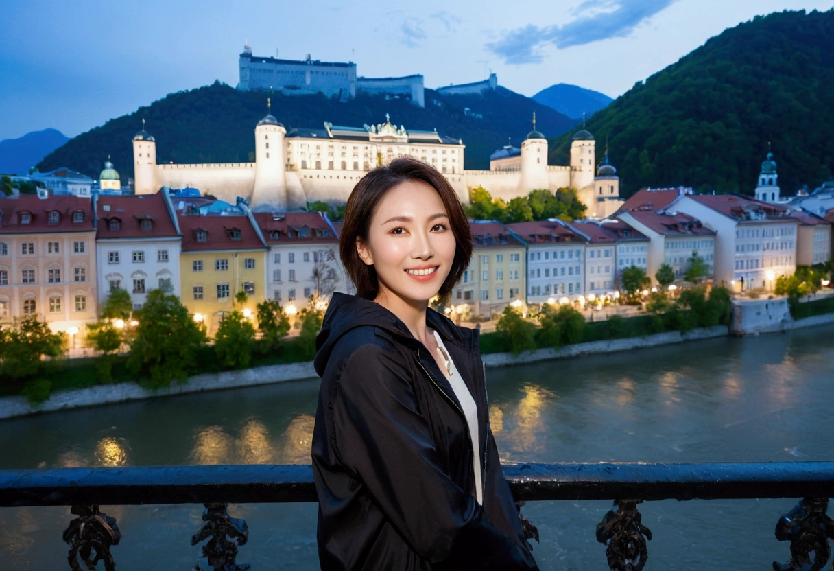 high quality, 1 woman, ((36-year-old healthy Korean woman)), ((36 years old)), 1 woman, eyes are big and beautiful. ((slim)), ((short medium hair)), Smile. pose: standing, windbreaker jacket, background:Your residence is a baroque townhouse with a plaster façade and wrought iron railings.. Overlooking the Salzach River and Hohensalzburg Fortress, night view, Street lamp, looking slightly up, 1 woman, Full body shot with Canon 16-34 wide angle lens, river view, looking up the side