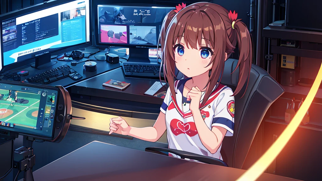 hermosa chica increíble calidad 4k vtuber con ojos rojos cabello negro con cinta rosa Falda corta plisada blusa estilo marinero manga larga medias largas blancas tenis rosas con vtuber negro youtuber en habitación estudio de grabacion pc gamer de fondoi con micrófono y luces LED rgb cyberpunk 