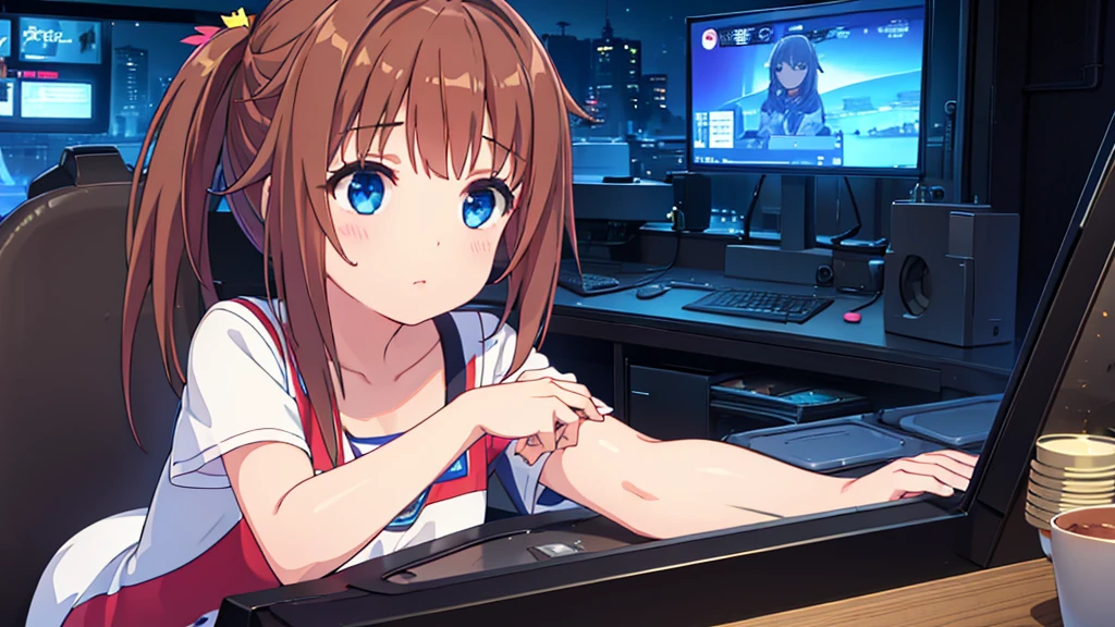 hermosa chica increíble calidad 4k vtuber con ojos rojos cabello negro con cinta rosa Falda corta plisada blusa estilo marinero manga larga medias largas blancas tenis rosas con vtuber negro youtuber en habitación estudio de grabacion pc gamer de fondoi con micrófono y luces LED rgb cyberpunk