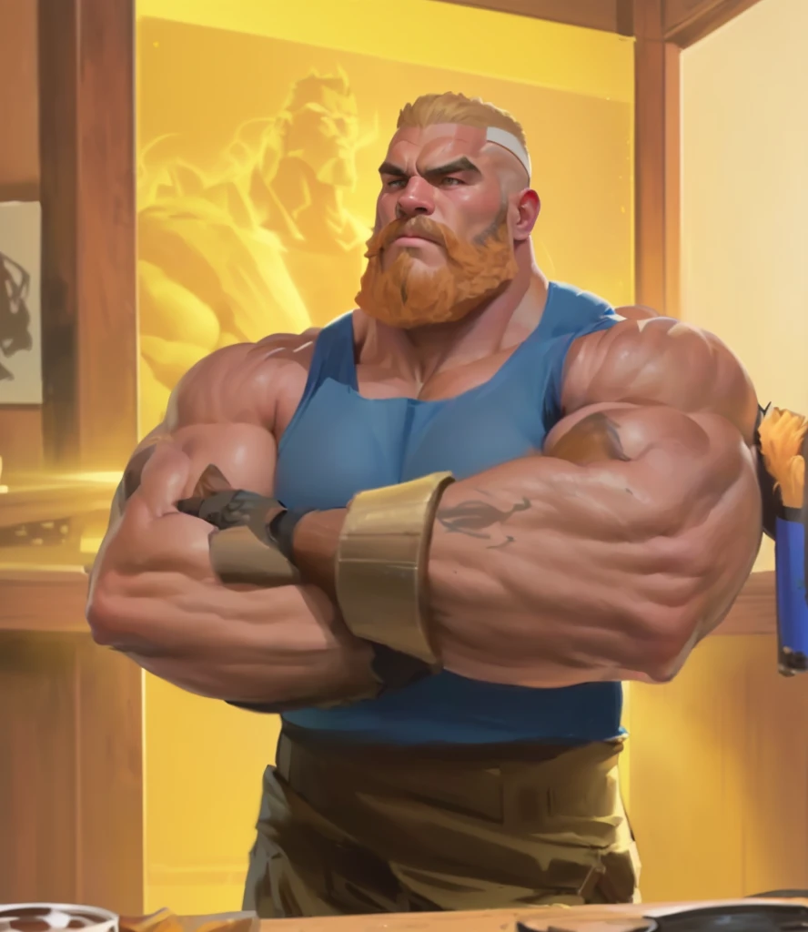 there is a man with a beard standing in front of a table, buff man, heavy looking, very buff, big arms, buff painting, muscular character, super buff and cool, beefy, muscular characters, heavy weapons guy, big muscles, strong and imposing, robust stocky body, manly monster tough guy, big biceps, doomfist, portrait of rugged zeus