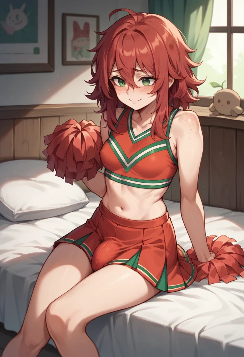 small breasts, medium red hair, hair between eyes, green eyes, freckles, red cheerleader outfit, bedroom, futanari, covered bulge, empty hands, loose hair, sitting on bed, erection, shy smile