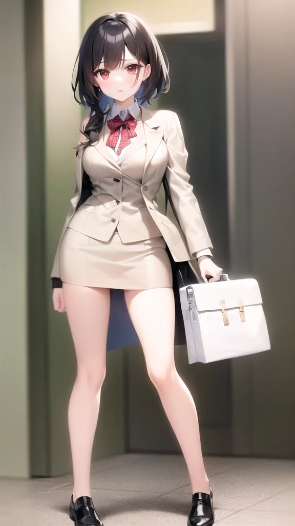 a woman in a tan suit and white top holding a beige bag, hermes ad, with a business suit on, tan suit, beige colors, business clothes, wearing an elegant outfit, wearing a business suit, material is!!! plum!!!, 🤬 🤮 💕 🎀, wearing business casual dress, wearing white suit, walking to work with a briefcase, full-body、低身長、笑顔、小さい胸、
