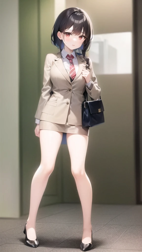 a woman in a tan suit and white top holding a beige bag, hermes ad, with a business suit on, tan suit, beige colors, business clothes, wearing an elegant outfit, wearing a business suit, material is!!! plum!!!, 🤬 🤮 💕 🎀, wearing business casual dress, wearing white suit, walking to work with a briefcase, full-body、低身長、笑顔、小さい胸、