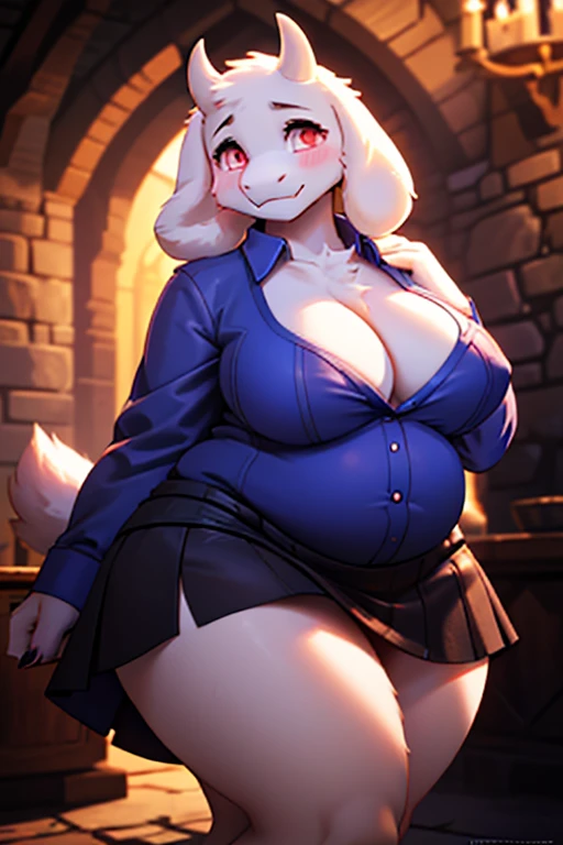 ((sfw)), character from Undertale Toriel, goat Furry, Beautiful cute face, Innocent, Charming, Sexually calm facial expression, Facing the camera, The body is covered with wool, Skin color: white, Body glare, ((pretty eyes)), red-eyes, ((Perfect Sexy Figure)), Curvy Perfect Body Shapes, big thighs, ((Subtle and beautiful)), ((Sexy Fantasy Clothing)), Sexually seductive position, Full-length, Dark castle cave inside background, Depth of field, ((ultra quality)), ((tmasterpiece)), clear image, crisp details, Realistic, Professional Photo Session, Clear Focus, the anime, Colorfully drawn, big breasts, blue button-up shirt, partially ubuttoned, cleavage, black skirt, blushing, big belly