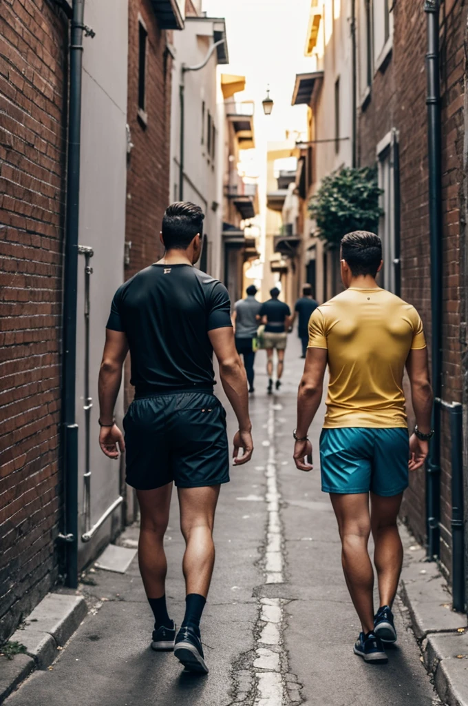 bubble butt men wearing shorts walking through an alley