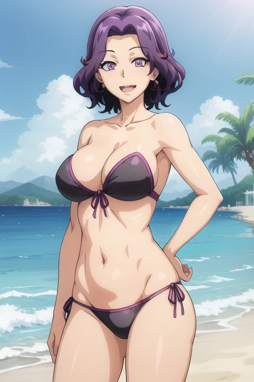 best quality, (masterpiece:1.2), highly detailed, standing, beach, mature woman,
1girl, solo, hamaoka azusa,
looking at the viewer, open mouth, smile,
purple eyes, purple hair, short hair, strapless bikini, black bikini