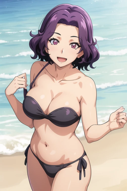 best quality, (masterpiece:1.2), highly detailed, standing, beach, mature woman,
1girl, solo, hamaoka azusa,
looking at the viewer, open mouth, smile,
purple eyes, purple hair, short hair, strapless bikini, black bikini