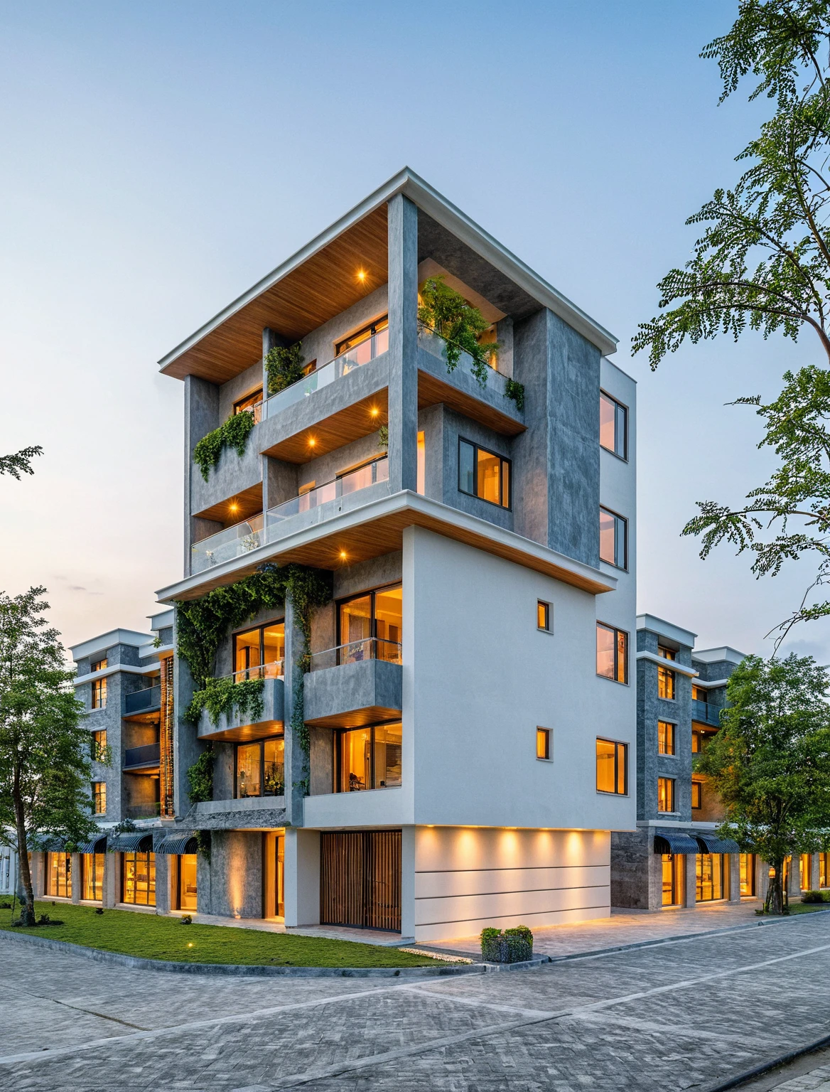 Masterpiece, high quality, best quality, authentic, super detail, outdoors, onestoreyvillaXL, aiaigroup, house style modern on the street ,stairs, white wall ,road,pavement, grass, trees, sky, cloud, (daylight:1.1)