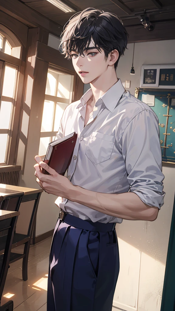 (tmasterpiece,high resolution,ultra - detailed:1.0),1 boy,Perfect male body,Look at the camera,Delicate eyes and delicate face,Extremely detailed CG,Unity 8k wallpaper,Complicated details,solo person,(School uniform, white shirt,Holding a book.), school, color difference, Depth of field,dramatic shadow,Ray tracing,Best quality,