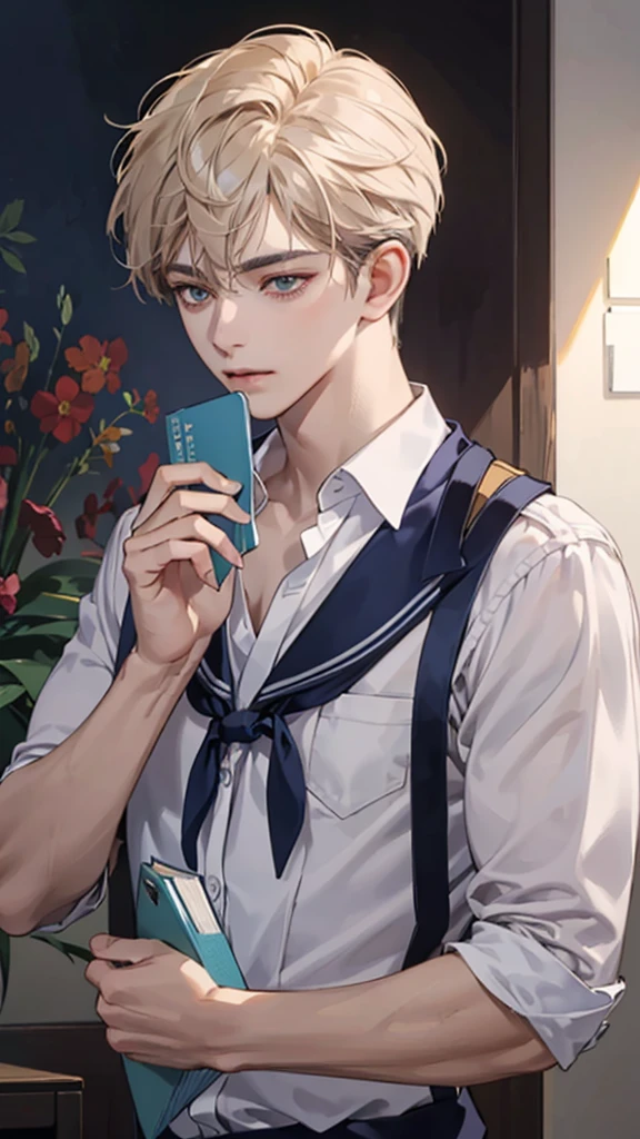 (tmasterpiece,high resolution,ultra - detailed:1.0),1 boy,Perfect male body,Look at the camera,Delicate eyes and delicate face,Extremely detailed CG,Unity 8k wallpaper,Complicated details,solo person,(School uniform, white shirt,Holding a book.), school, color difference, Depth of field,dramatic shadow,Ray tracing,Best quality,