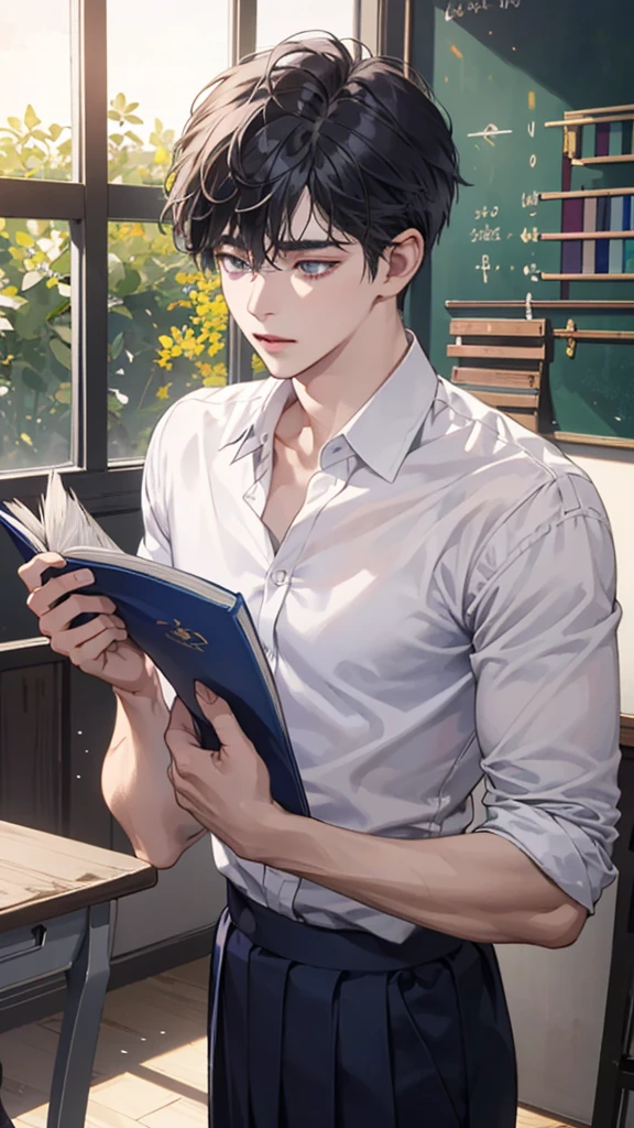 (tmasterpiece,high resolution,ultra - detailed:1.0),1 boy,Perfect male body,Look at the camera,Delicate eyes and delicate face,Extremely detailed CG,Unity 8k wallpaper,Complicated details,solo person,(School uniform, white shirt,Holding a book.), school, color difference, Depth of field,dramatic shadow,Ray tracing,Best quality,