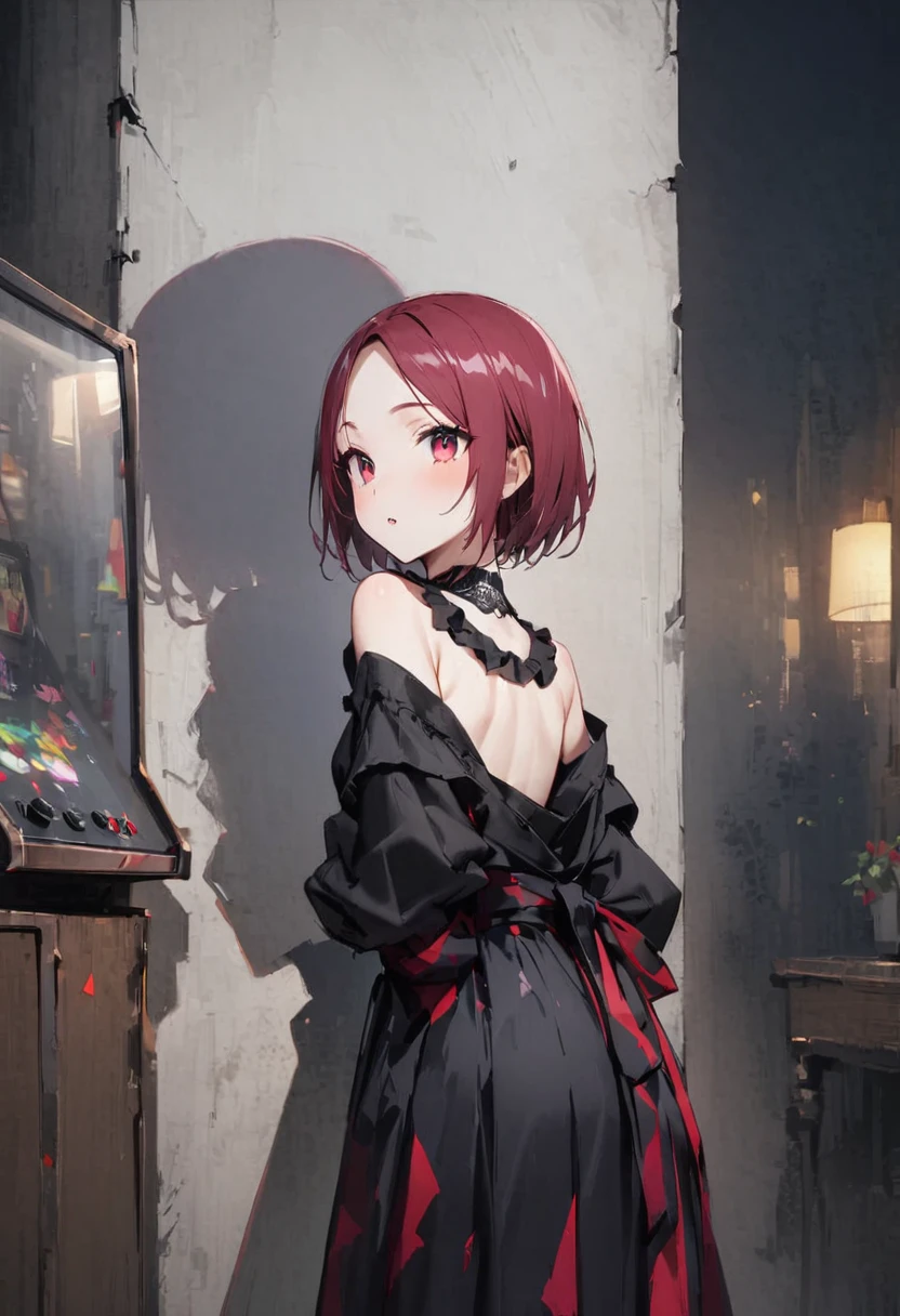 back view, 後ろ向き、お尻、背中、後頭部、臀部、後ろ髪、ふくらはぎ、ショート丈レギンス、arcade、ゲーム機、ゲーム台、UFOキャッチャー、プリクラ、デート、forehead、女児、少女、背が低い、年齢が低い、低学年、童顔、flat chest、笑顔、ダイナミックアングル、masterpiece、best quality、ultra-detail、周りに客がいる、おめかししている、着衣、オシャレ眼鏡
