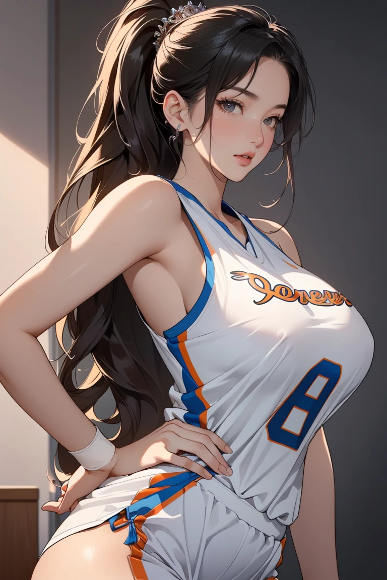 ((Masterpiece, top quality, high resolution)), ((highly detailed CG unified 8K wallpaper)), (huge stunning goddess shot, very hot and sexy, jaw-dropping beauty, perfect proportions, beautiful body, slim body beauty:1.3), Women's basketball player makes a powerful dunk shot, Game-Winning Dunk,