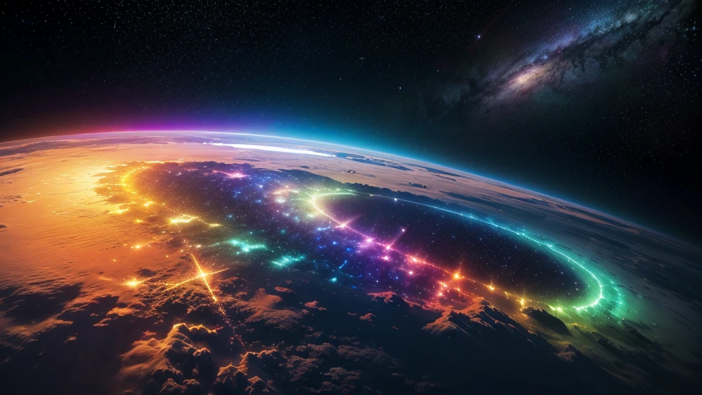 cosmic space, exuding enlightenment, bright vibrant colors, flowers everywhere, stars and space, rainbow vibrant colors, vulmetric lighting, 8k resolution, highly detailed