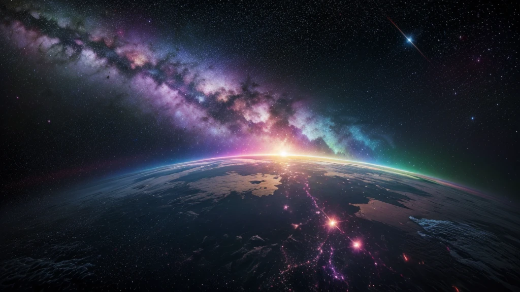 cosmic space, exuding enlightenment, bright vibrant colors, flowers everywhere, stars and space, rainbow vibrant colors, vulmetric lighting, 8k resolution, highly detailed
