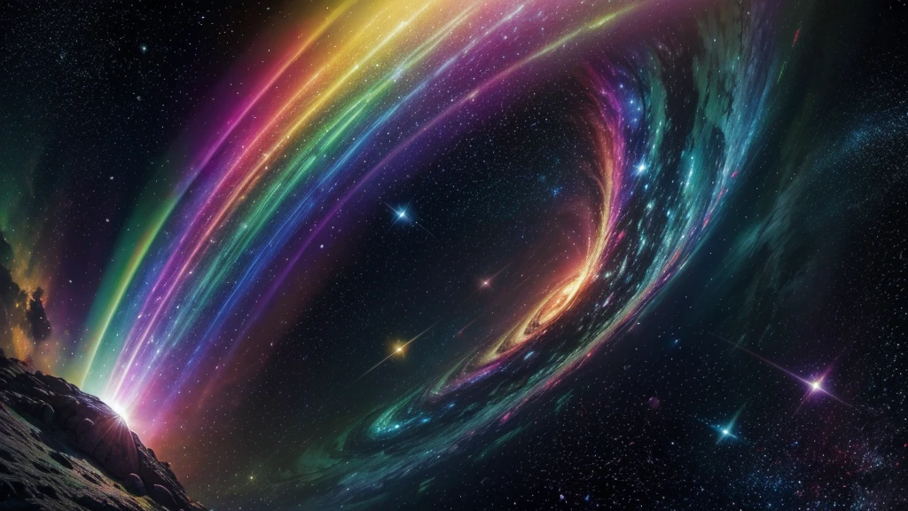 cosmic space, exuding enlightenment, bright vibrant colors, flowers everywhere, stars and space, rainbow vibrant colors, vulmetric lighting, 8k resolution, highly detailed

