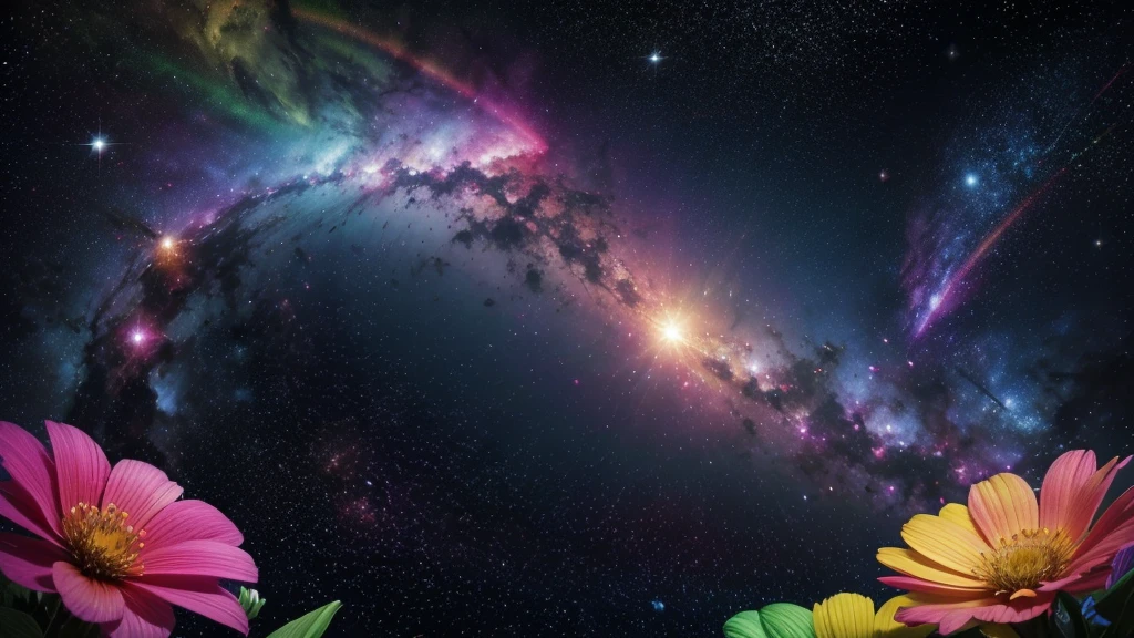 cosmic space, exuding enlightenment, bright vibrant colors, flowers everywhere, stars and space, rainbow vibrant colors, vulmetric lighting, 8k resolution, highly detailed