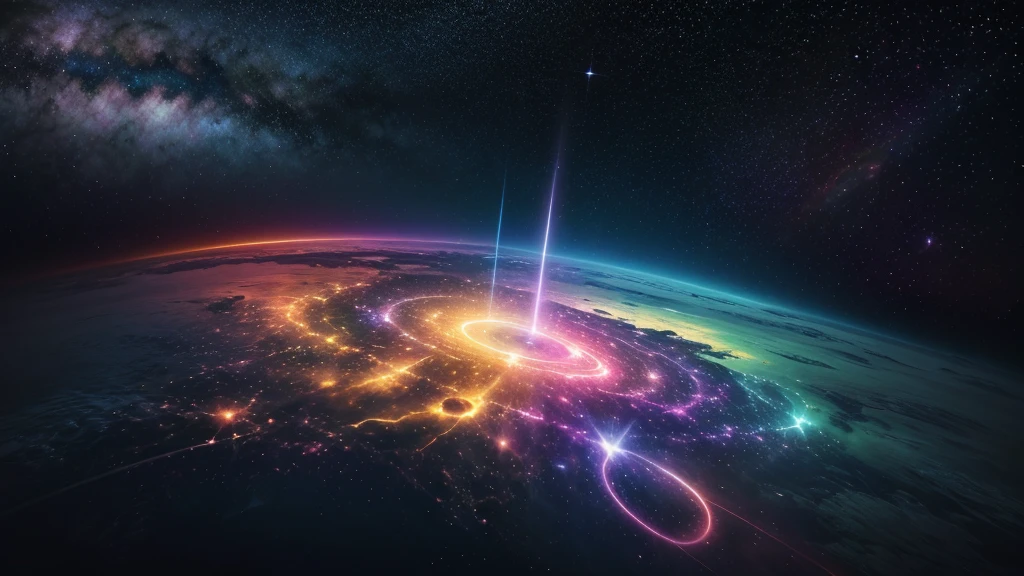 cosmic space, exuding enlightenment, bright vibrant colors, flowers everywhere, stars and space, rainbow vibrant colors, vulmetric lighting, 8k resolution, highly detailed
