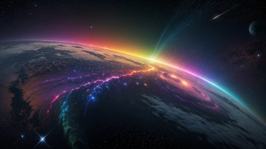 cosmic space, exuding enlightenment, bright vibrant colors, flowers everywhere, stars and space, rainbow vibrant colors, vulmetric lighting, 8k resolution, highly detailed
