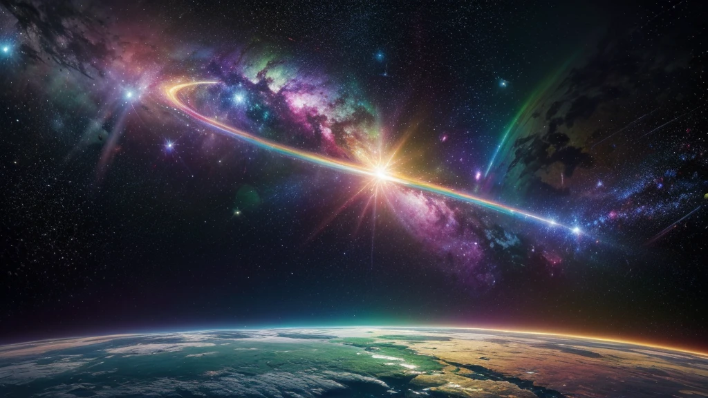 cosmic space, exuding enlightenment, bright vibrant colors, flowers everywhere, stars and space, rainbow vibrant colors, vulmetric lighting, 8k resolution, highly detailed
