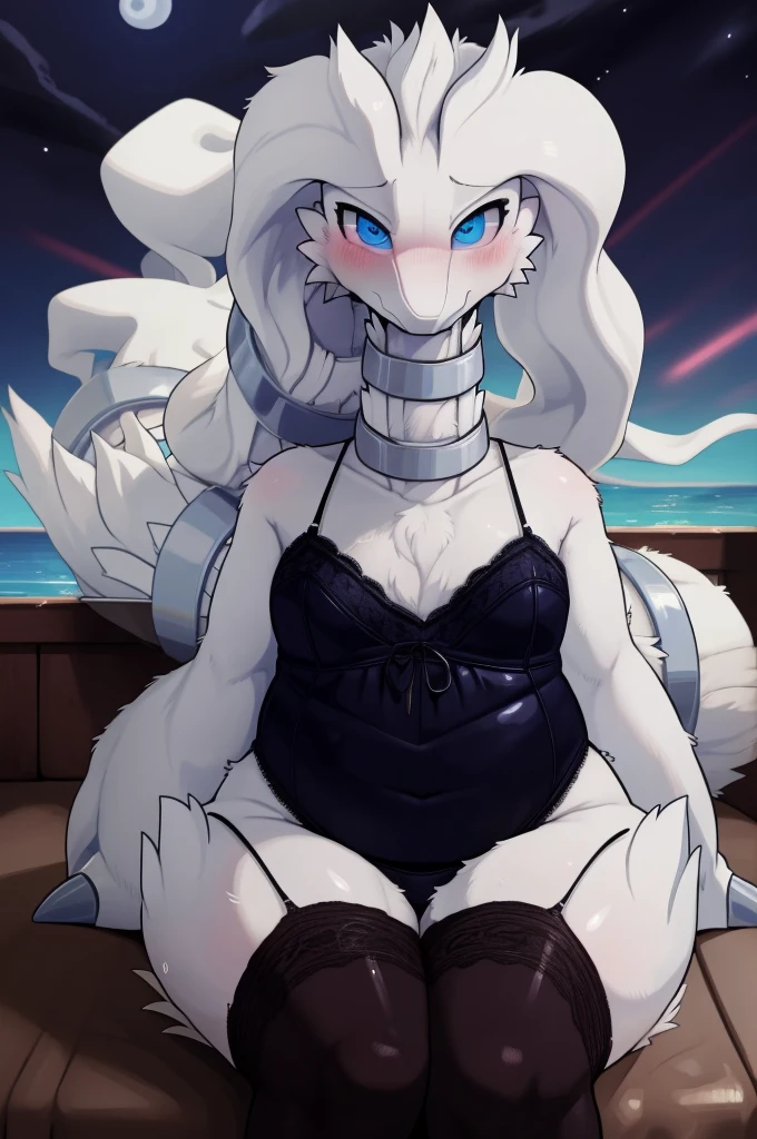 kemono, art by dagasi, (ddler:1.2), beautiful girl, Uploaded to e621.net, fox boy, (Pixelsketcher), (wamudraws), (masterpiece), (HD), (high res), (feet visible), (furry anthro), (detailed fur), (detailed shading), (beautiful render art), anthro Reshiram, blue eyes, glowing eyes, neon eyes, (kid Reshiram), furry, (white fur), Reshiram ears, snout, [(slim figure, flat chest, skinny)], (slim figure:1.5), (skinny:1.5), (curvy hips), (beautiful legs), spectral color, (wearing lace lingerie, beautiful and detailed light grey lace lingerie), white lace stockings, (really dark night:1.5), [zero lighting], northern lights in the background, looking at the viewer with longing, full face blush, heavy breath, shy expression eyes, Reshiram, opening her legs to seduce the viewer