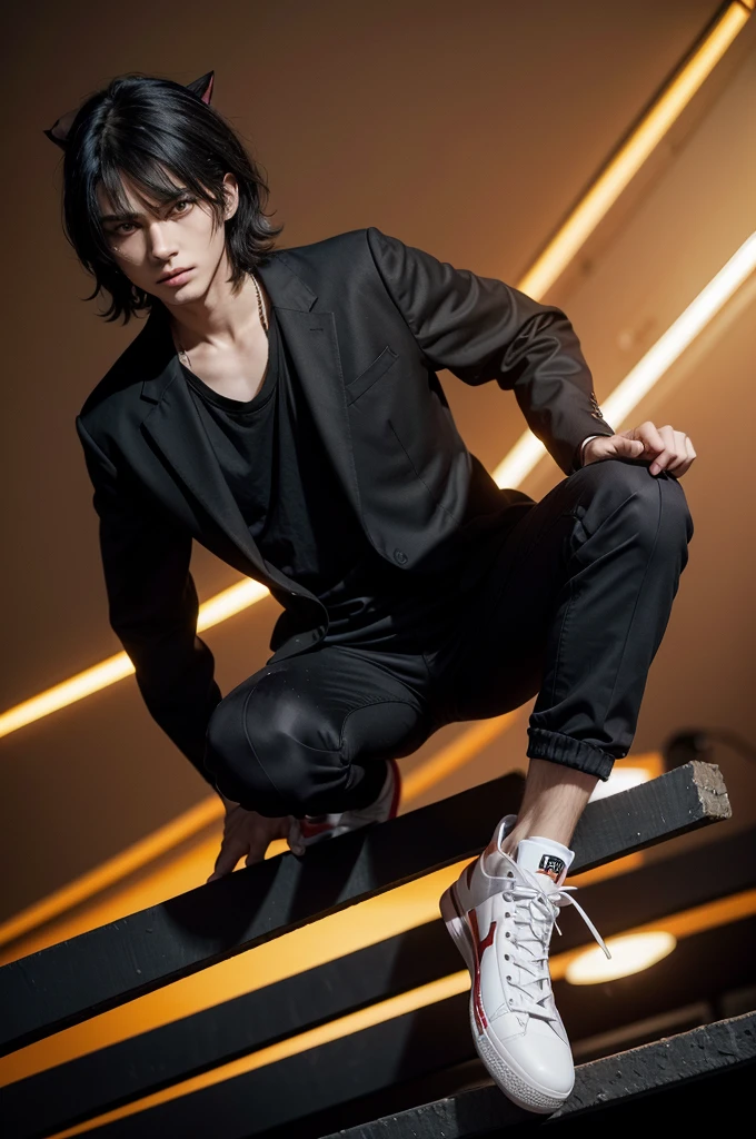 A man, he has straight hair, fluffy Edgar style haircut, black hair with orange tips, black suit with red threads on the edge, simple black pants with red Jordan sneakers, , he has a black cat on top of his head