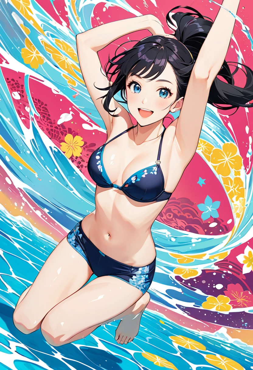 (sumi-e,hanafuda),a close up of a person jumping in the air near a pool, girl walking on water,bikini bra and hot-pants,hair floating in air, splash art anime , floating , lolish, wallpaper blue water, clean detailed art, swimming in air, pose(arms up + happy)