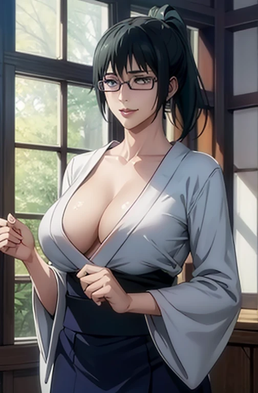 1girl, mikasa ackerman, (black hair:1.3), Hair bangs, ponytail hair, gray eyes, lips, glasses,best quality, masterpiece, best work, (wearing blue kimono), (japanese room),  night time, huge_breasts, cowboy_shot, looking_at_viewer, light smile, great detailed, professional work, sharp focus, soft lighting, greatest work, outstanding quality, ((beautiful eyes)), (mature women), mature body, best quality, ((best quality, masterpiece)), best of best, aot style, show cleavage