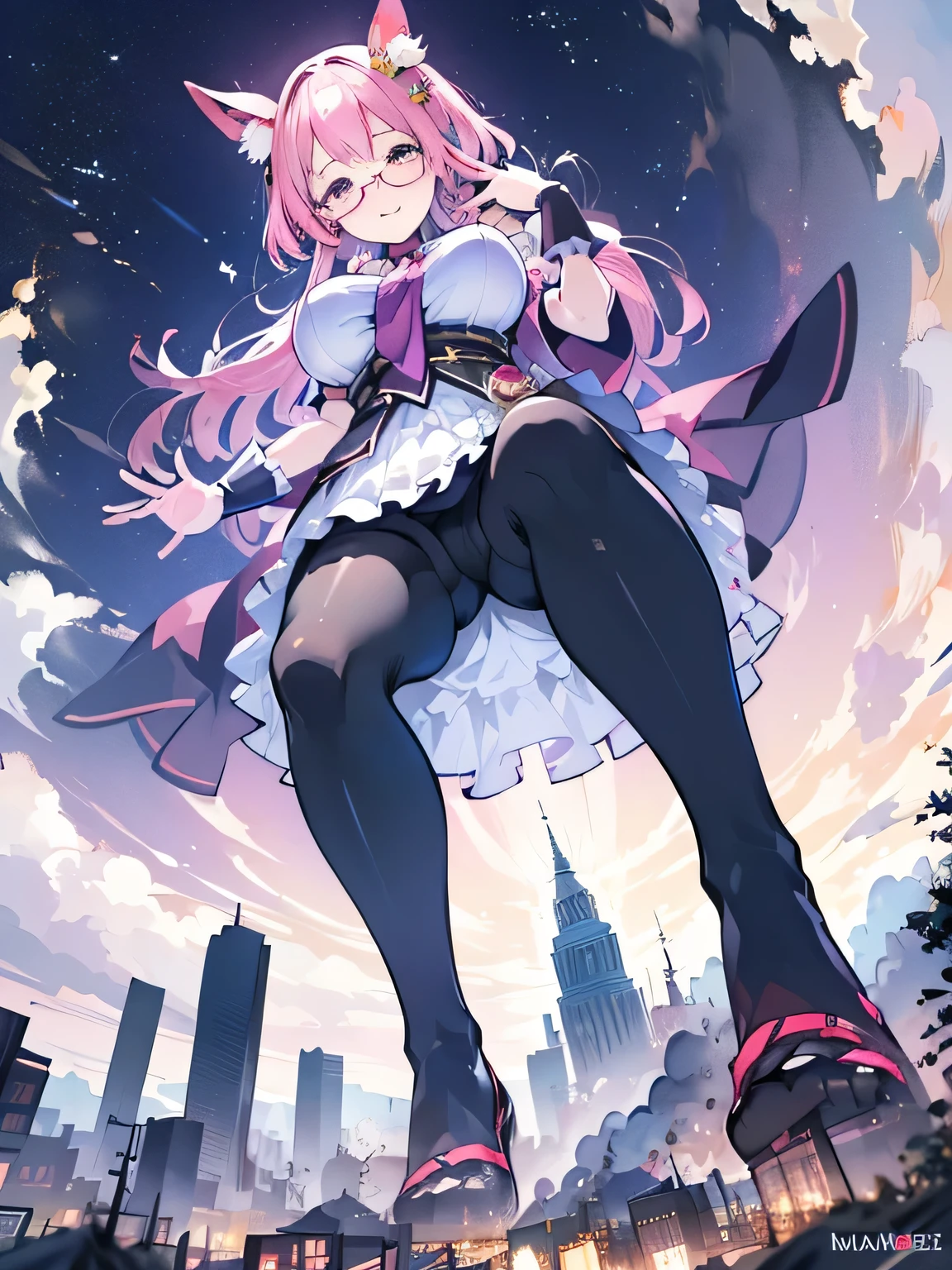3girls, giantess art, highly detailed giantess shots, giantess, most detailed, perfect face, Two legs, Five fingers, A beautiful girl who is bigger than a skyscraper, Wearing rimless glasses, smile, huge breasts, magical girl dress, bow, magical girl, holding a magical wand, black pantyhose, stiletto heels, thunderbolt from a magical wand, Destroying cities, Under heavy attack, A very small big city, Miniature metropolis, Full body description, GTS, giga giantess, stomping city, crash city, tiny city, micro city, pantyhose feet, High resolution, highest quality, masterpiece,