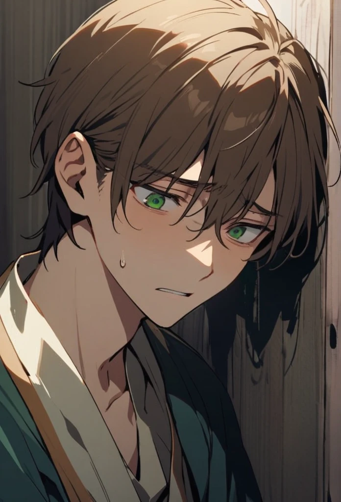 Male, solo, handsome, brown hair, green eyes, nauseate, scare, depressed, blue