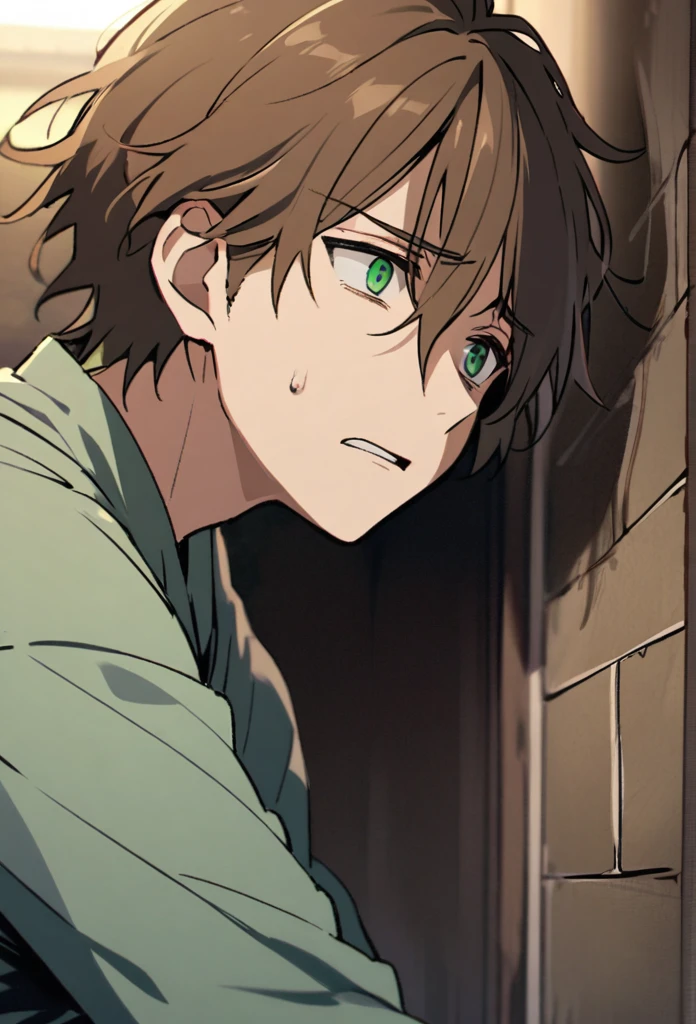 Male, solo, handsome, brown hair, green eyes, nauseate, scare, depressed, blue