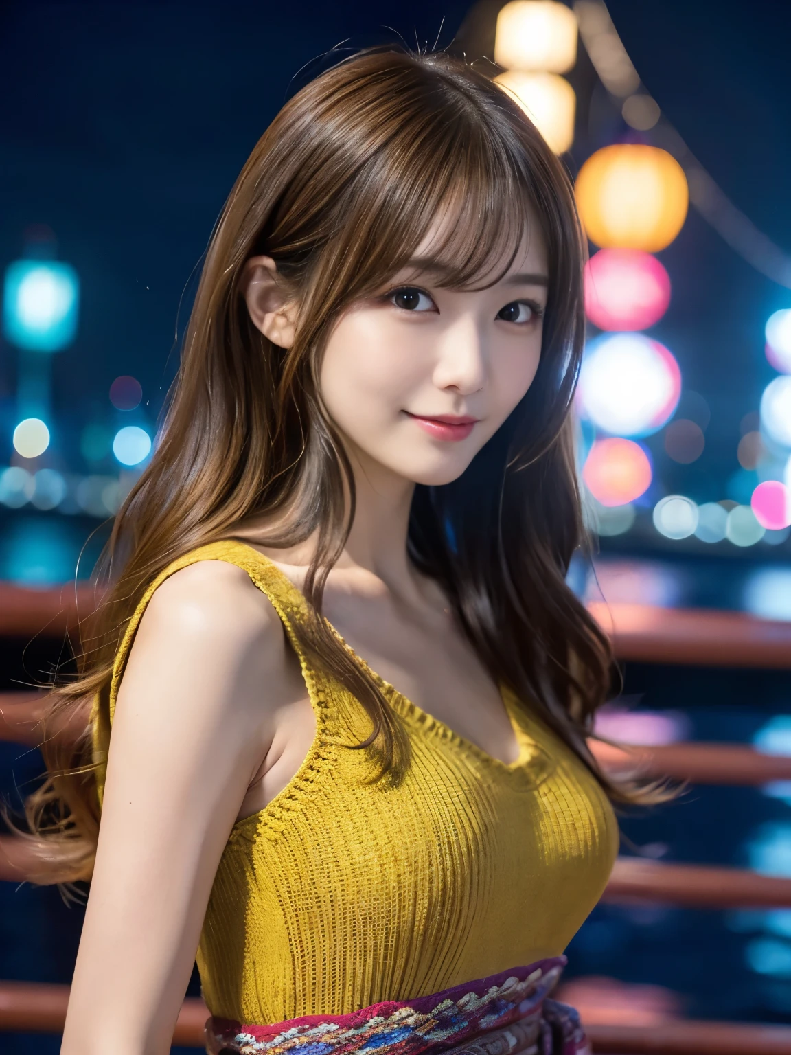 Masterpiece, 1 girl, A detailed eye, Puffy eyes, top-quality, high resolution, (Realistic: 1.4), cinematlic lighting, japanese, Asian Beauty, Super beauty, Beautiful skin, A slender, (A hyper-realistic), (hight resolution), (8K), (ighly detailed), (beautifully detailed eyes), (Ultra-detail), (wall-), A detailed face, Bright lighting, profetional lighting, looking at viewer, Facing straight ahead, (The costume a colorful knitted dress), Long hair, Wave hair, hair messy, asymmetrical bangs, nighttime scene, Brown hair, Japan idle, Korean Idol, hposing Gravure Idol, age28, tall, smile, Sea Park scene, ((Random body orientation)),