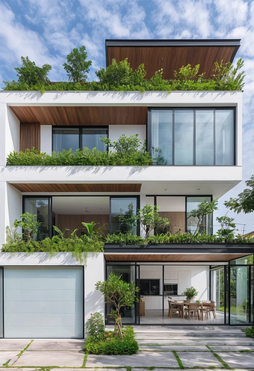 A modern single-story house with a chic furniture showroom. The facade is less than 5 meters wide, featuring large glass windows and doors. The exterior has white and pastel tones with integrated green plants. The house has only one floor.
