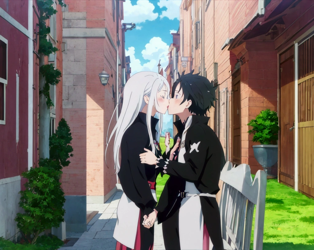 anime, , kidse, couple kissing in the sky with birds flying overhead, kissing together cutely, romanticism lain, shoujo romance, sakimi chan, lovely kiss, kissing together, anime picture, in love, kissing, romantic!!!, anime, re:zero, echidna, subaru, making love, cute anime, beautiful anime, anime!!, anime wallaper, anime!!!, anime!