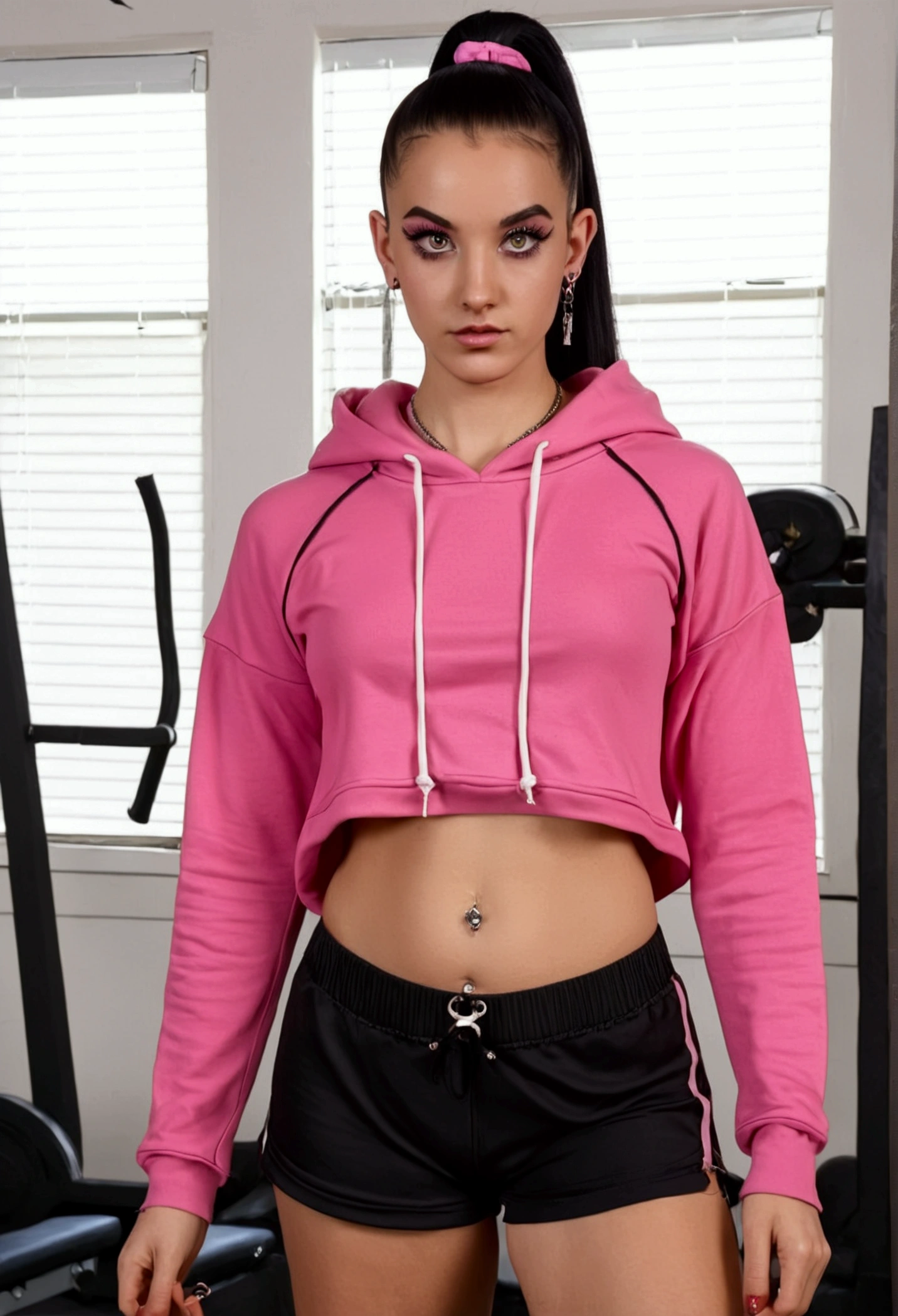 , slim witch with slightly droopy eyes, thick straight eyebrows, and a straight medium-width nose. She has full, slightly downturned lips and light, smooth skin with a soft jawline. The witch has dark hair in a ponytail, fake eyelashes, and visible piercings including a belly button ring and pierced nipples. She's wearing pink low-rise gym shorts that reveal her hip bones, and a short pink hoodie. The overall look should be provocative yet magical, blending witchy elements with a modern, sensual aesthetic.