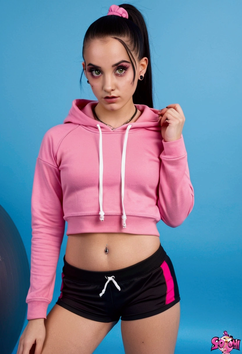 , slim witch with slightly droopy eyes, thick straight eyebrows, and a straight medium-width nose. She has full, slightly downturned lips and light, smooth skin with a soft jawline. The witch has dark hair in a ponytail, fake eyelashes, and visible piercings including a belly button ring and pierced nipples. She's wearing pink low-rise gym shorts that reveal her hip bones, and a short pink hoodie. The overall look should be provocative yet magical, blending witchy elements with a modern, sensual aesthetic.