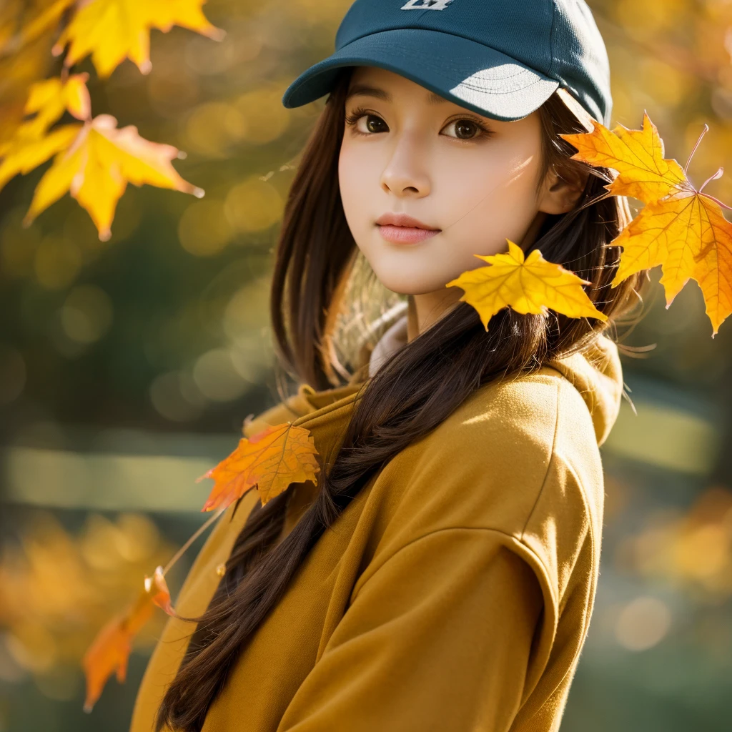  [High quality] [masterpiece] [mind blowing]  wallpaper a girl in frok wearing a cap and autumn season high detail 