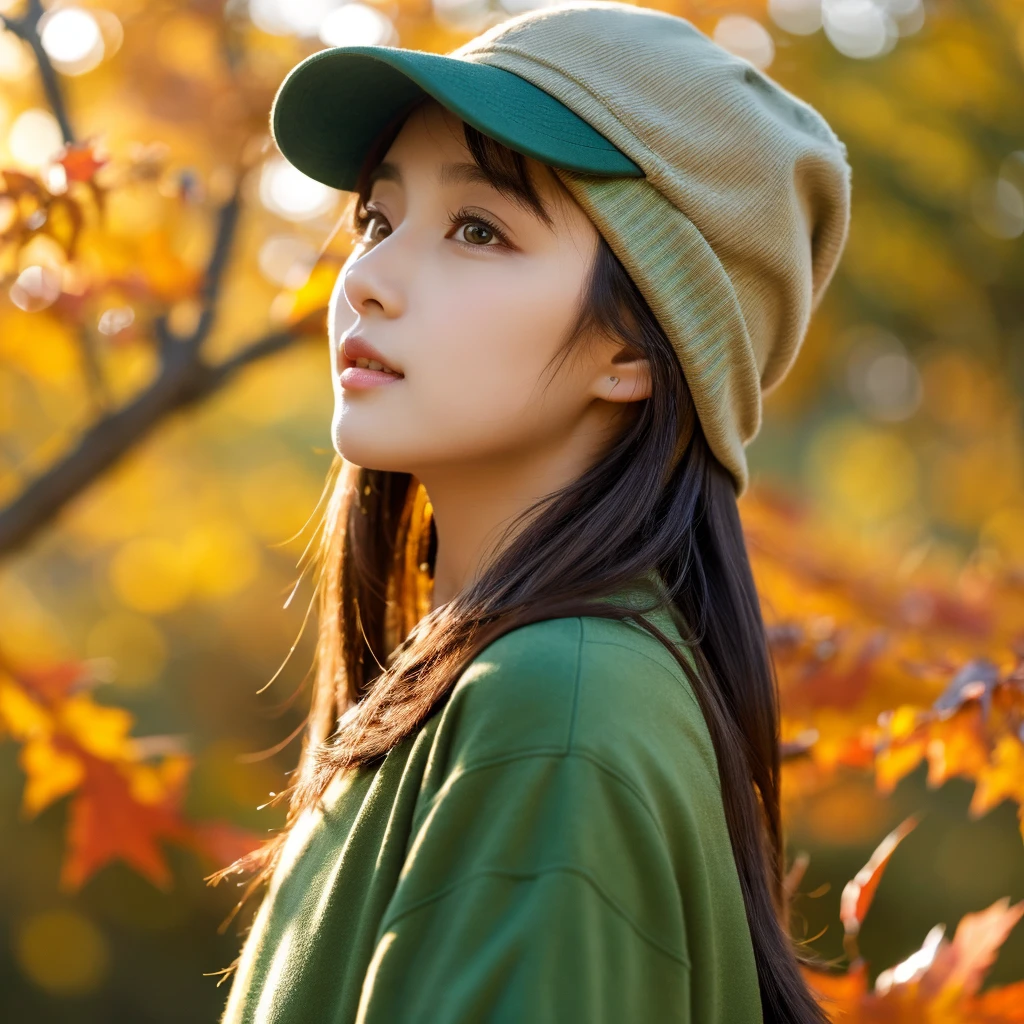  [High quality] [masterpiece] [mind blowing]  wallpaper a girl in frok wearing a cap and autumn season high detail 
