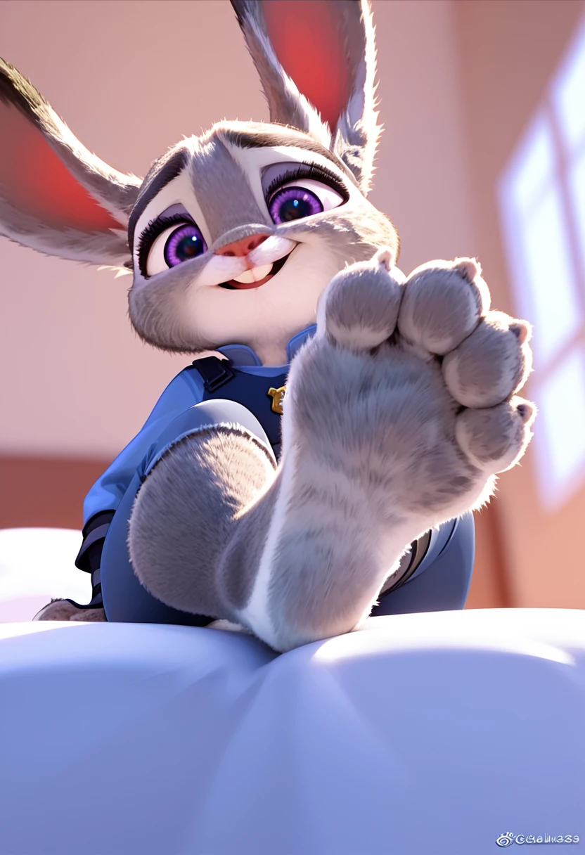 Solo, score_9,score_8_up score_7_up, source_furry, anthro, rabbit, Judy Hopps, female, smiling, looking at viewer, sitting, on a bed, low angle shot, close up, feet, rabbit feet, focus on feet, rabbit paws, fluffy feet, furry feet, (sfw:1),