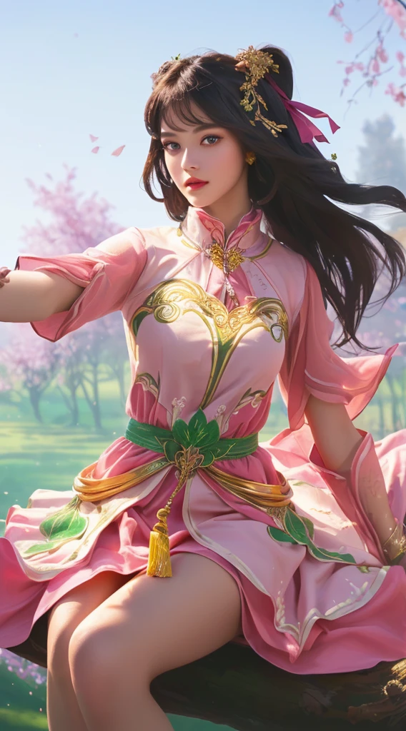 a beautiful girl in a pink dress, sitting on a tree branch, realistic, photorealistic, extremely detailed face and eyes, beautiful detailed lips, longeyelashes, intricate details, natural lighting, golden hour, lush greenery, vibrant colors, award winning photograph, 8k, high resolution