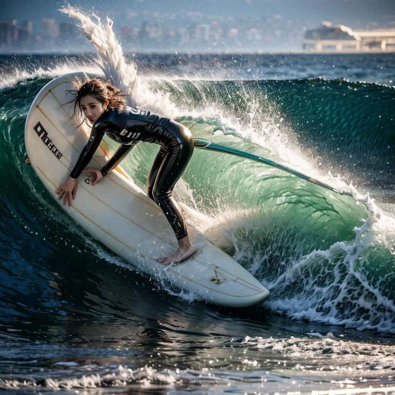 (ZoomedOut:1.28, Wide-shot) (Epic photo of surfer magazine:1.37).(Everything Wetted:1.6) WetHair (extremely detailed KAWAII wet face) (Clearly Visible Beautiful Breast to Buttocks Line) (Sloppy Surfboard:-1.2)