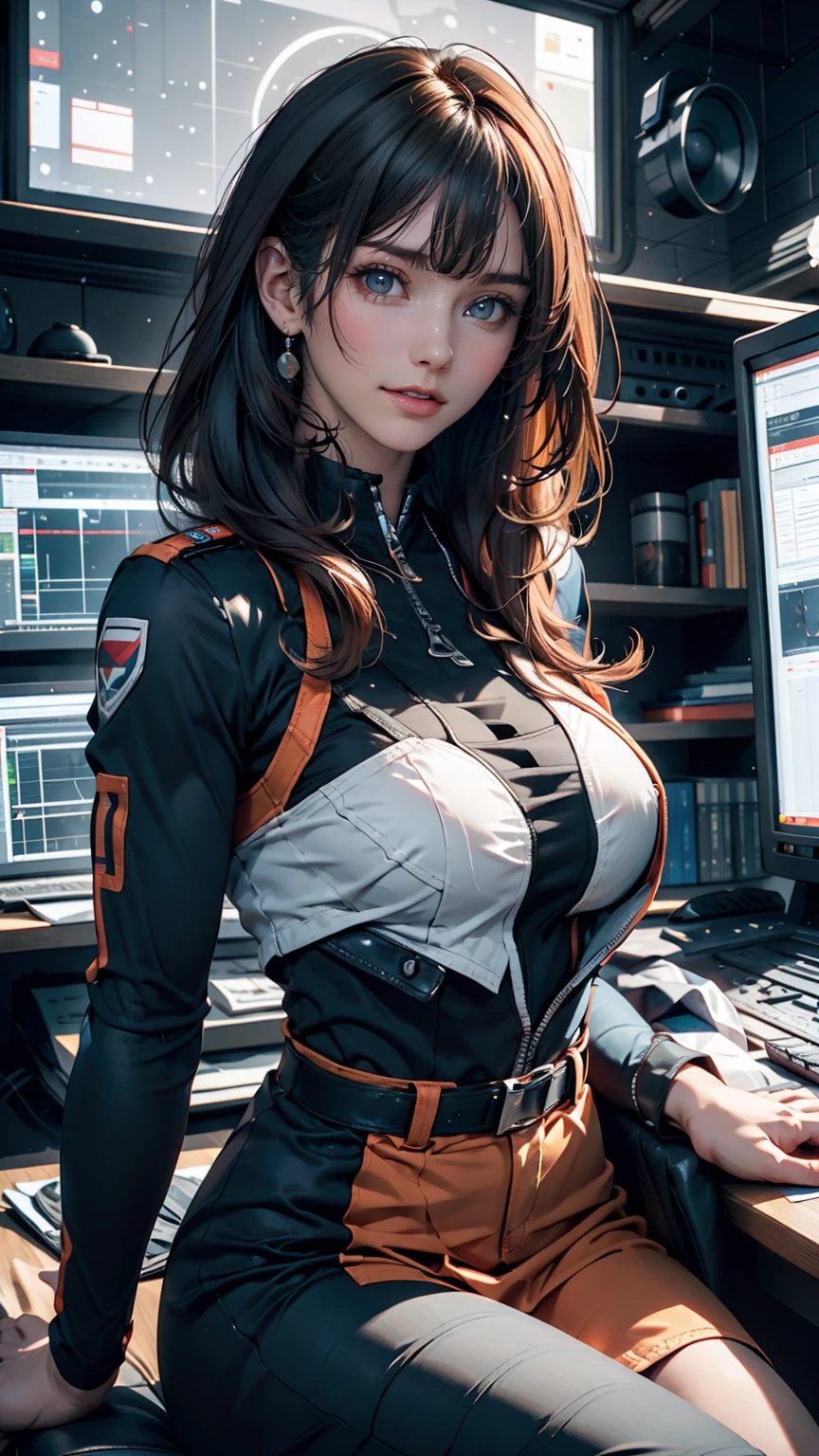 Absurd resolution, high resolution, (masterpiece: 1.4), hyper-detail, 1 young woman, short red hair, pilot suit, rich princess, sitting in an extremely narrow and closed mecha control room looking out the window, the window is the space universe can see the blue planet (1.5), the expression is excited, the mecha control room is in the universe